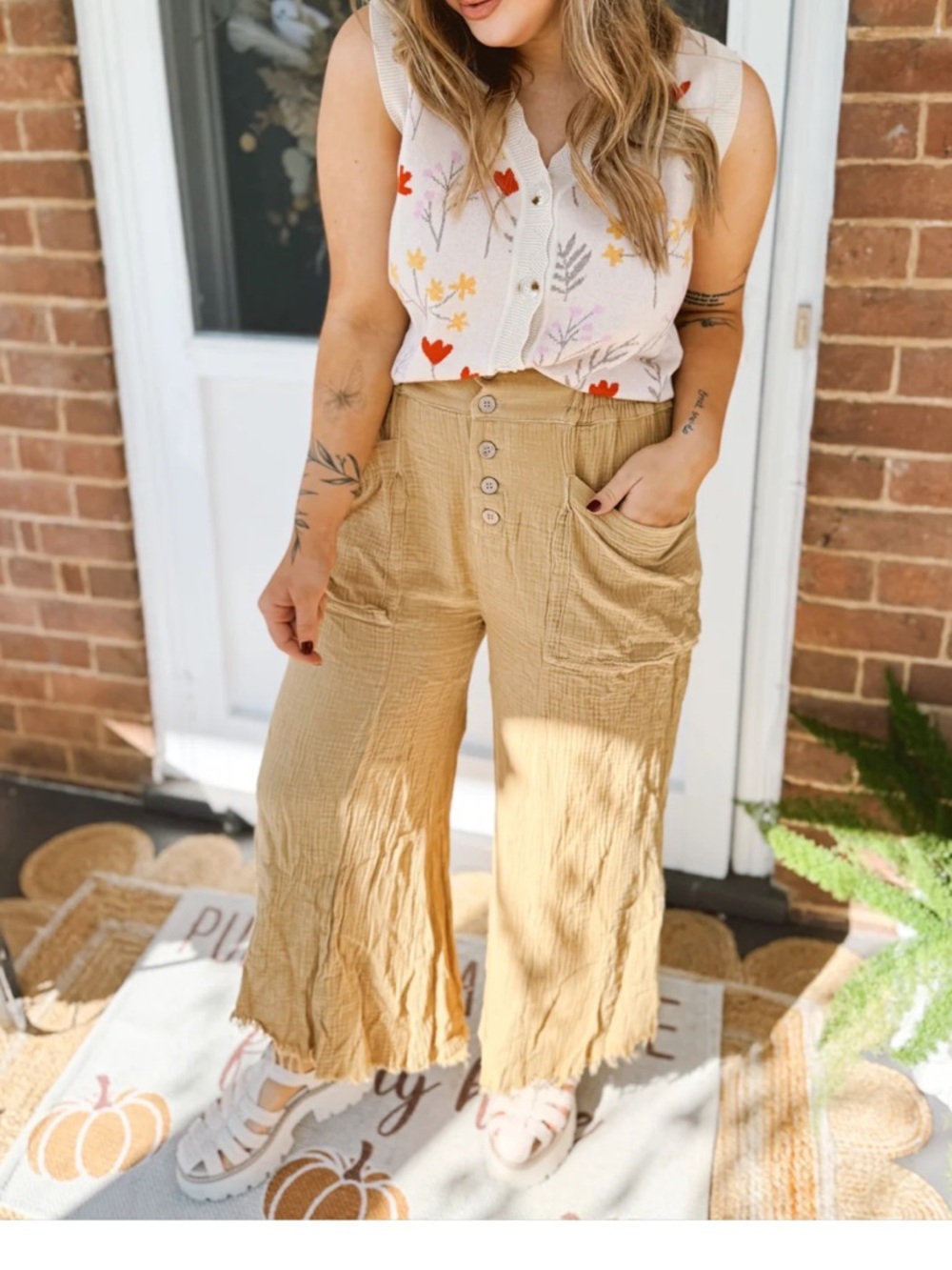 High-Waist Wide Leg Crop Pants in Mustard Tan
